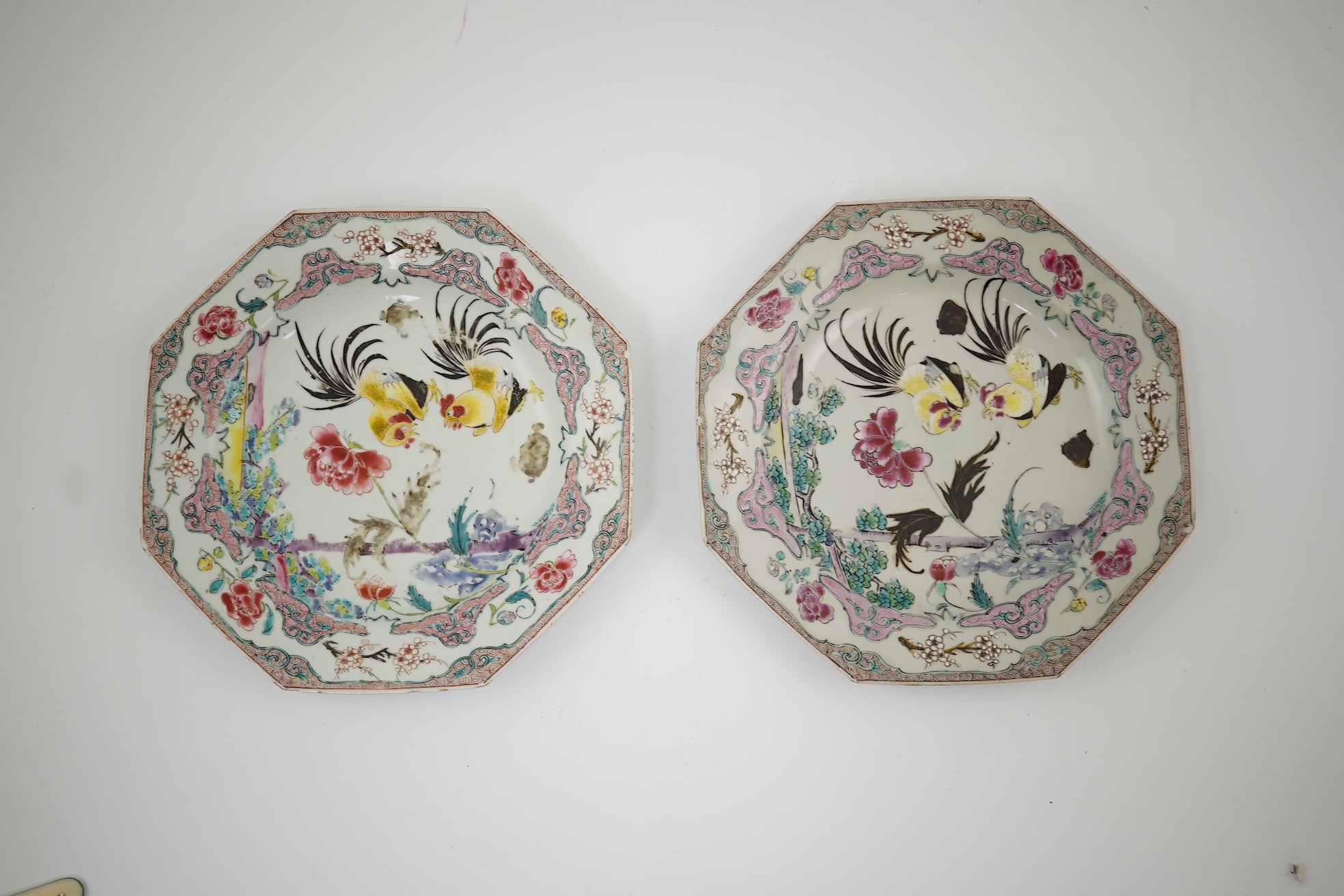 A pair of Chinese famille rose ‘cockerel’ octagonal plates, Yongzheng period